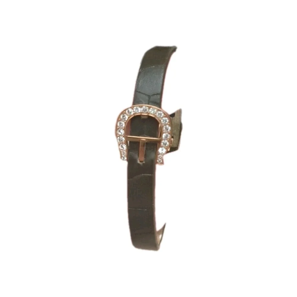 Pre-owned‎ Aigner Golden Tone Green Leather Designer Bracelet With Rhinestone